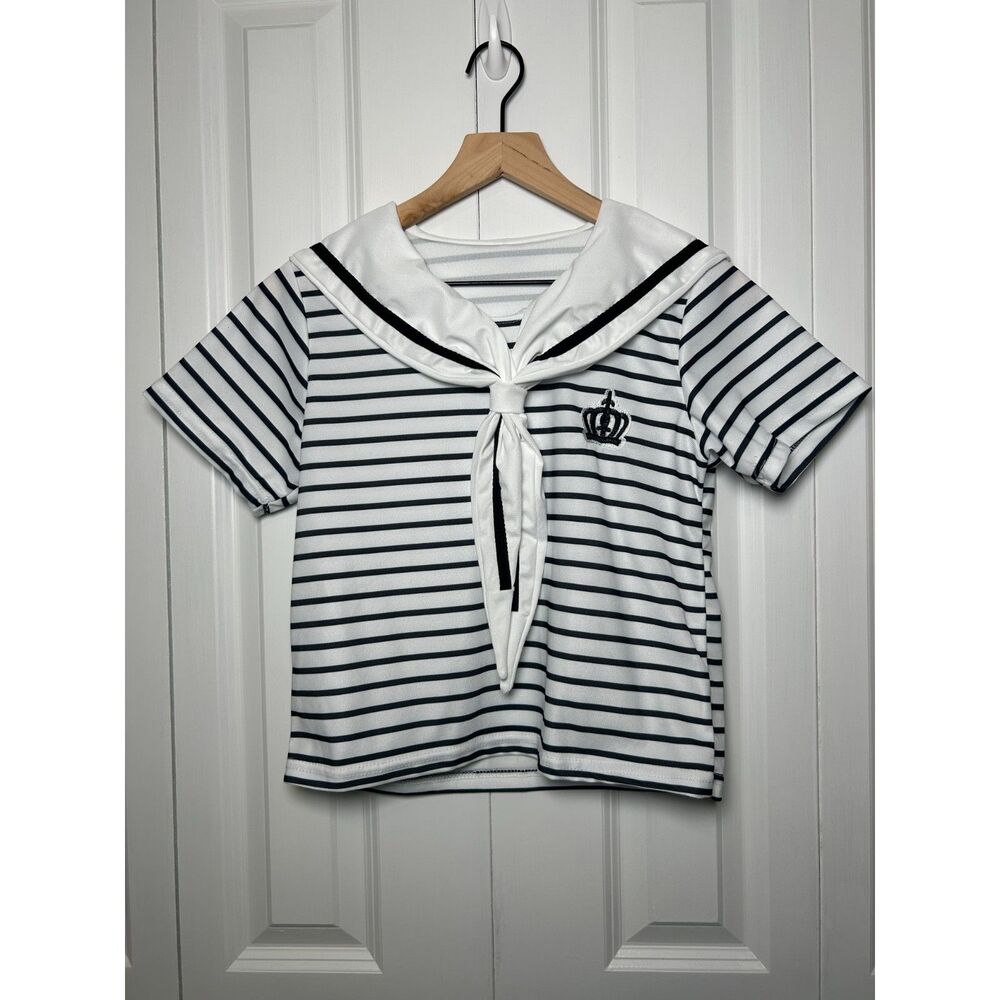 Blue White Stripe Sailor Collar Top Crown Crest Preppy Sailor Size 6